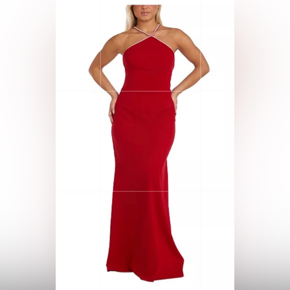 Macy's Dresses A Long Red Dress With Mini Diamonds In A Cross Cross Top Along The Neck